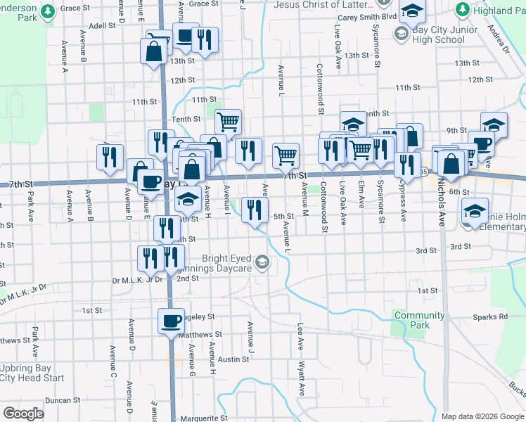 map of restaurants, bars, coffee shops, grocery stores, and more near 2216 Avenue K in Bay City