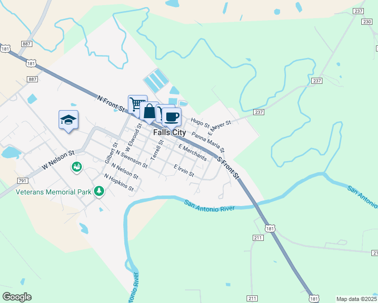 map of restaurants, bars, coffee shops, grocery stores, and more near 105 West Menger Street in Falls City