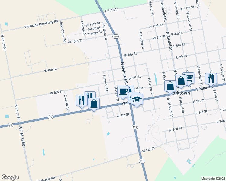 map of restaurants, bars, coffee shops, grocery stores, and more near 225 North West Street in Yorktown