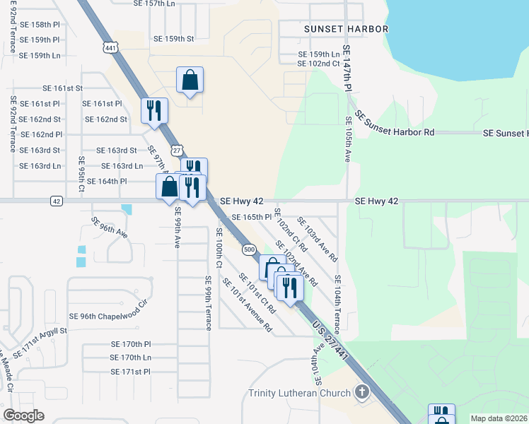 map of restaurants, bars, coffee shops, grocery stores, and more near 10185 Southeast 165th Place in Summerfield
