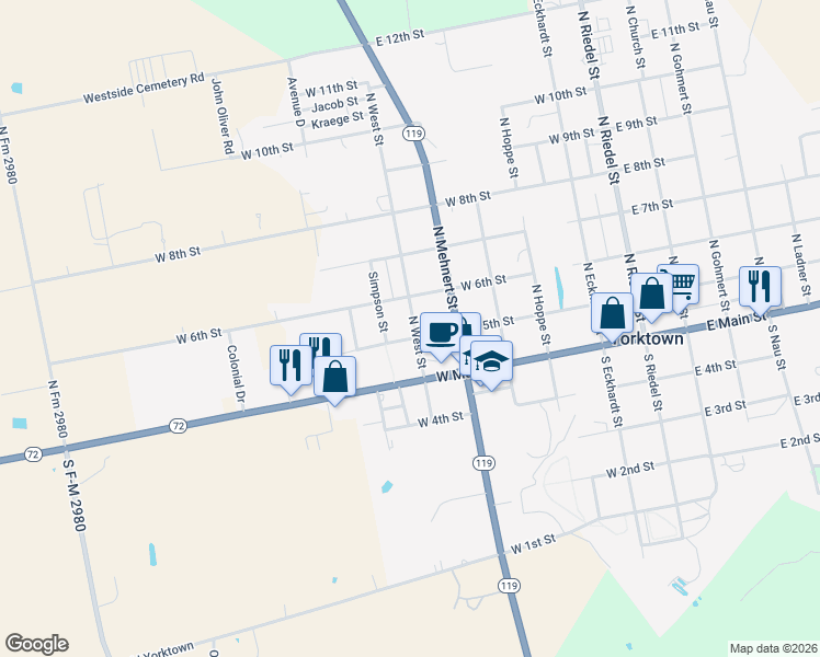 map of restaurants, bars, coffee shops, grocery stores, and more near 225 North West Street in Yorktown