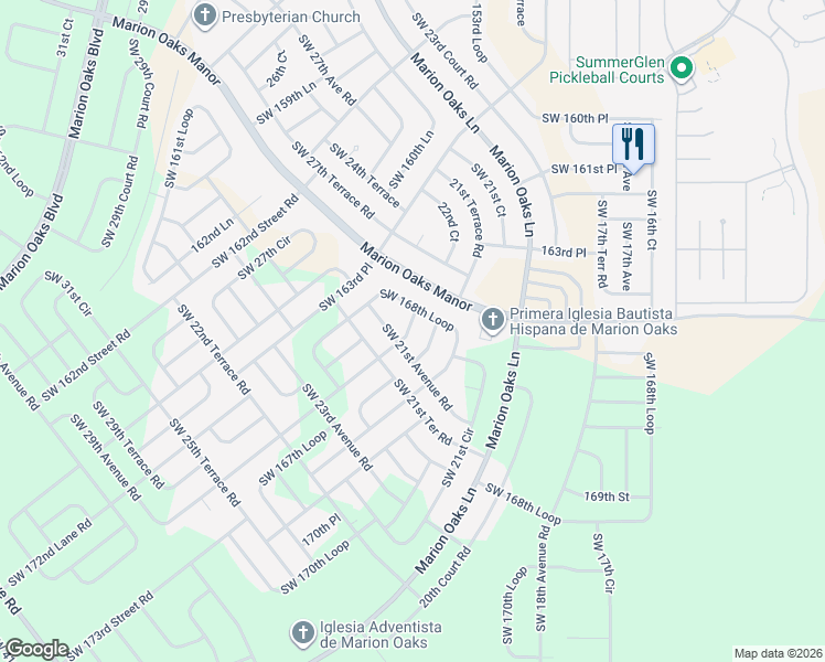map of restaurants, bars, coffee shops, grocery stores, and more near 2323 Southwest 168th Loop in Ocala