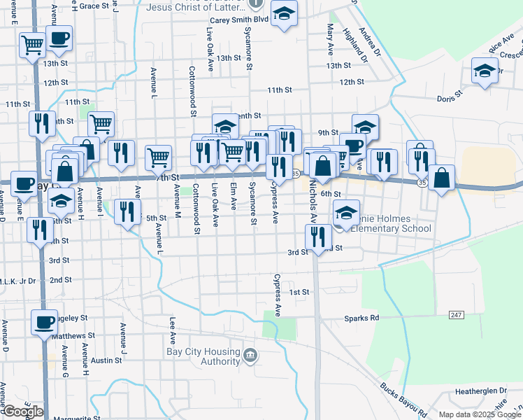 map of restaurants, bars, coffee shops, grocery stores, and more near 2809 5th Street in Bay City