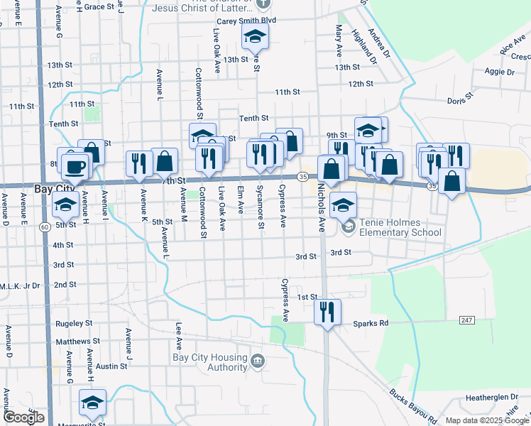 map of restaurants, bars, coffee shops, grocery stores, and more near 2809 5th Street in Bay City