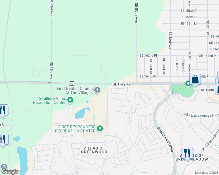 map of restaurants, bars, coffee shops, grocery stores, and more near 16604 Southeast 77th Northridge Court in The Villages