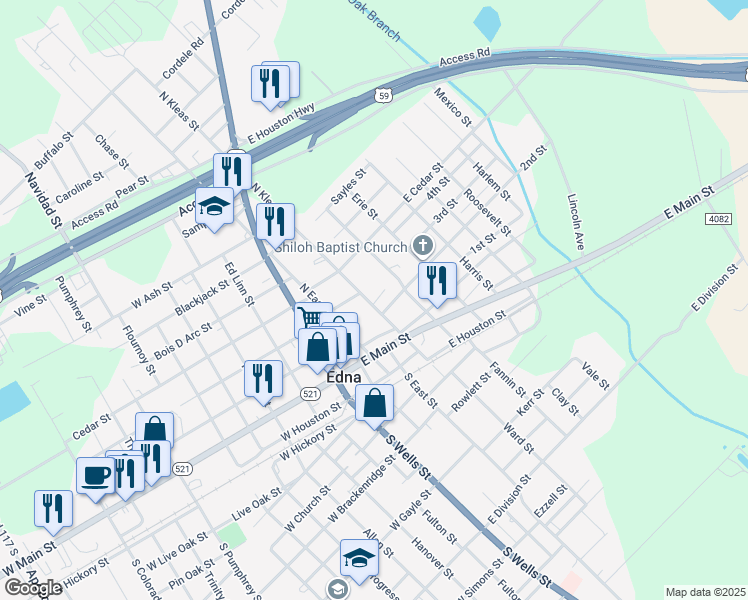 map of restaurants, bars, coffee shops, grocery stores, and more near 310 North Kleas Street in Edna