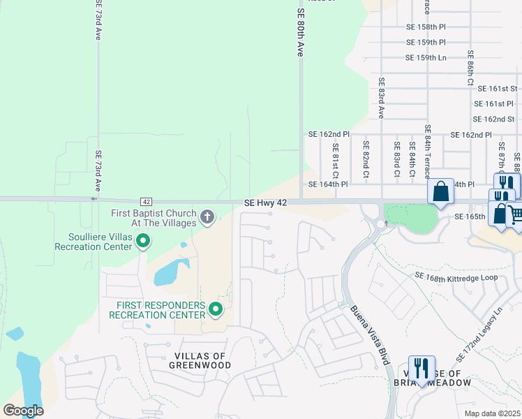 map of restaurants, bars, coffee shops, grocery stores, and more near 16576 Southeast 77th Northridge Court in The Villages
