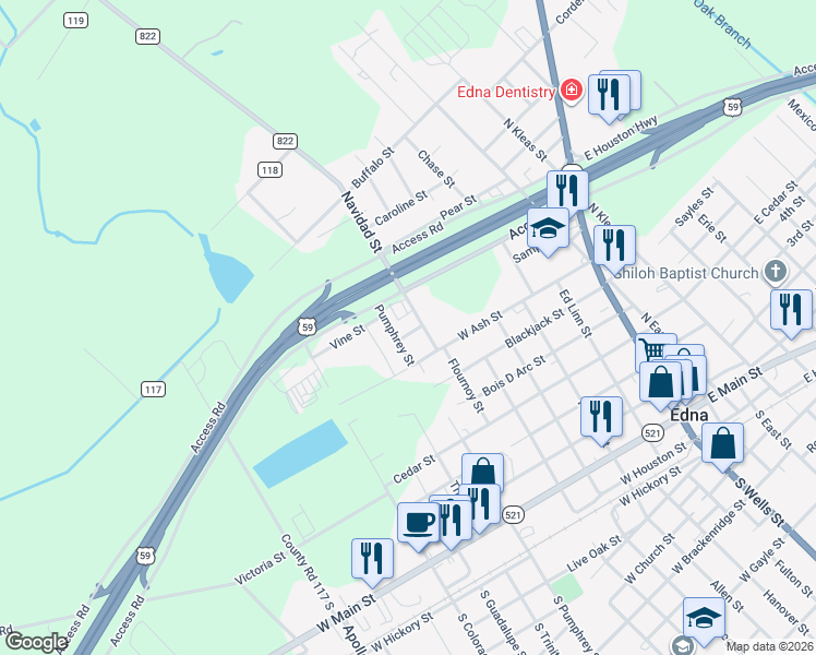 map of restaurants, bars, coffee shops, grocery stores, and more near 604 Hare Street in Edna