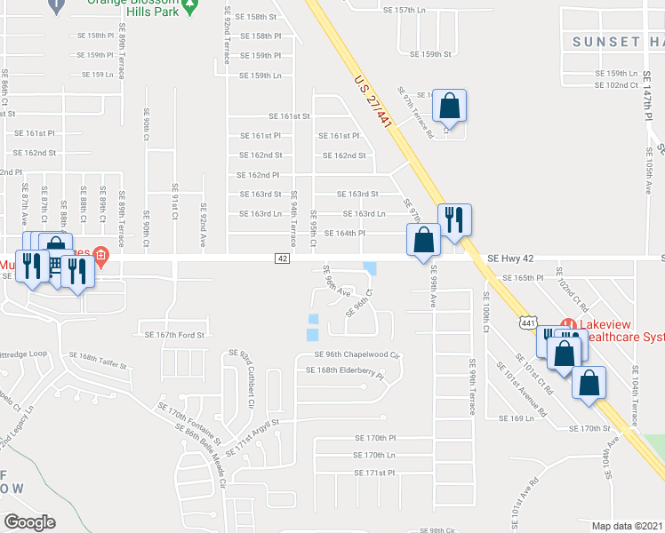 map of restaurants, bars, coffee shops, grocery stores, and more near 9573 Southeast 165th Lane in Summerfield