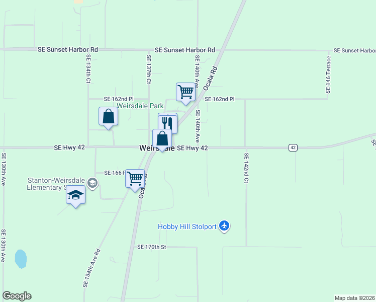 map of restaurants, bars, coffee shops, grocery stores, and more near 13900-13950 Southeast Highway 42 in Weirsdale