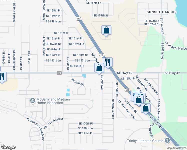 map of restaurants, bars, coffee shops, grocery stores, and more near 9790 Southeast Highway 42 in Summerfield