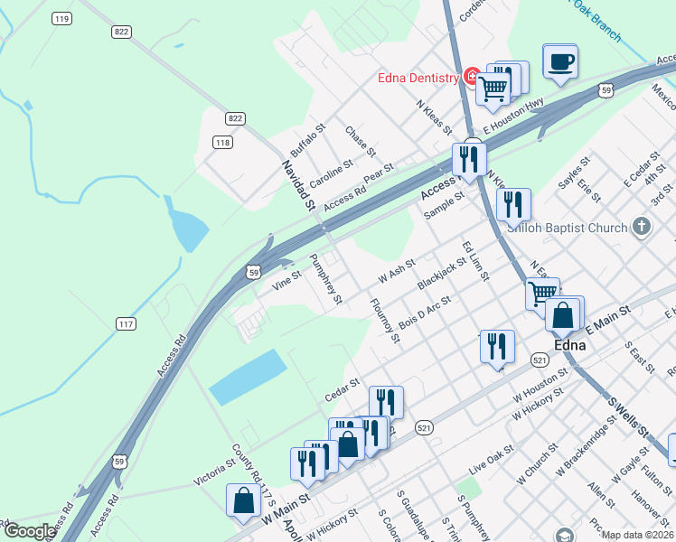 map of restaurants, bars, coffee shops, grocery stores, and more near 604 Hare Street in Edna