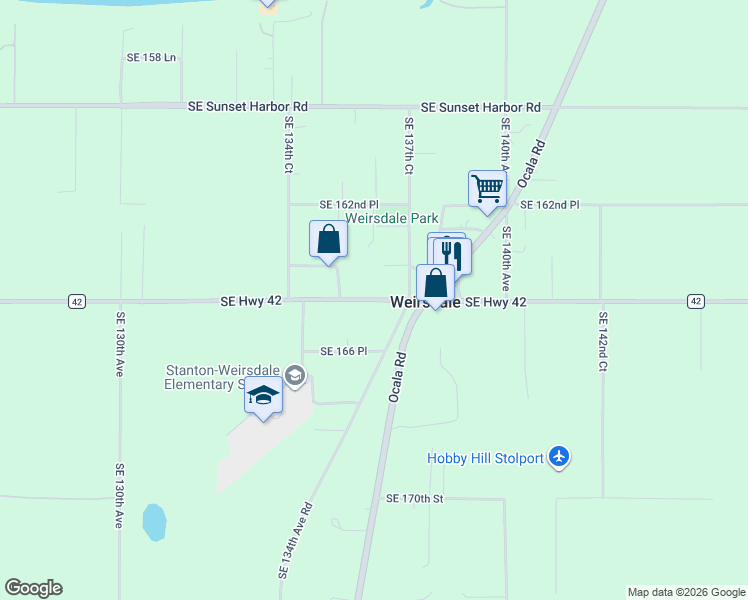 map of restaurants, bars, coffee shops, grocery stores, and more near County Road 42 in Weirsdale