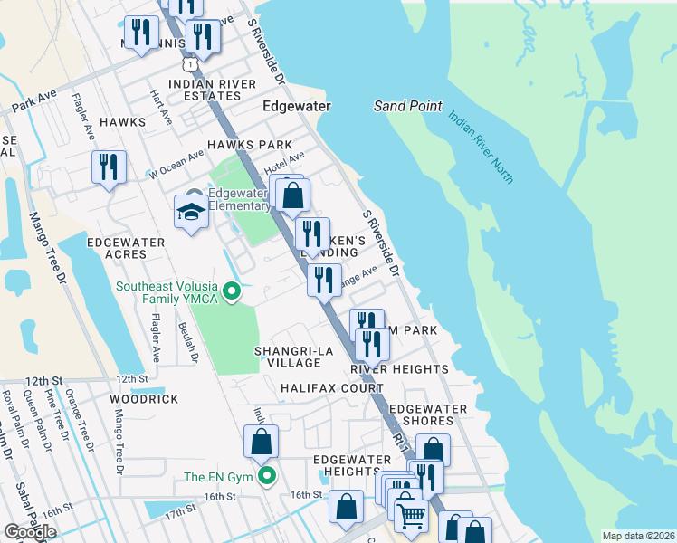 map of restaurants, bars, coffee shops, grocery stores, and more near 1103 South Ridgewood Avenue in Edgewater