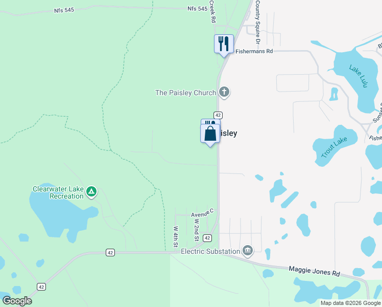 map of restaurants, bars, coffee shops, grocery stores, and more near 24647 Crooked Mile Road in Paisley
