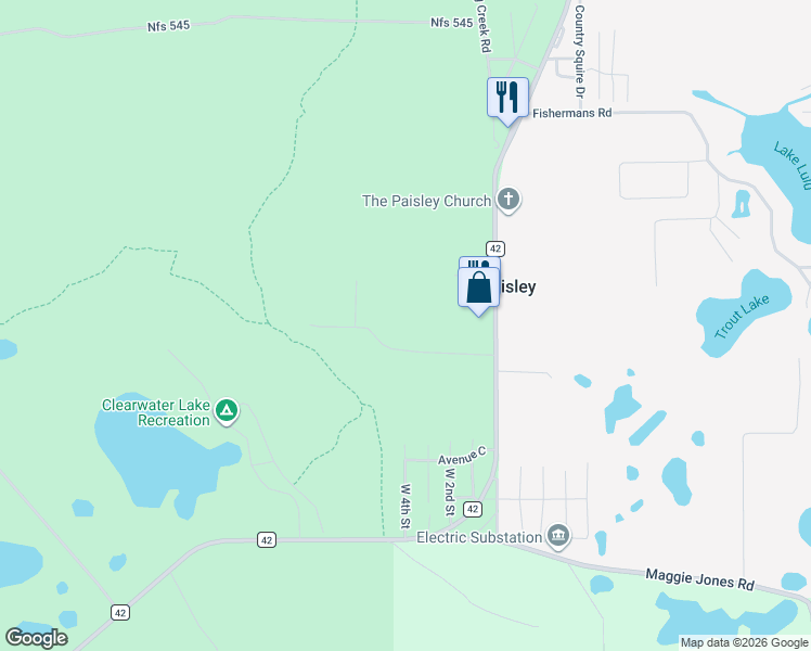 map of restaurants, bars, coffee shops, grocery stores, and more near 24729 Crooked Mile Road in Paisley