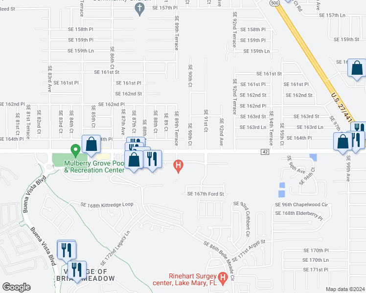map of restaurants, bars, coffee shops, grocery stores, and more near 9019 Southeast Highway 42 in Summerfield