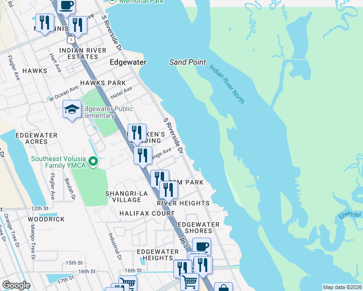 map of restaurants, bars, coffee shops, grocery stores, and more near 1105 South Riverside Drive in Edgewater