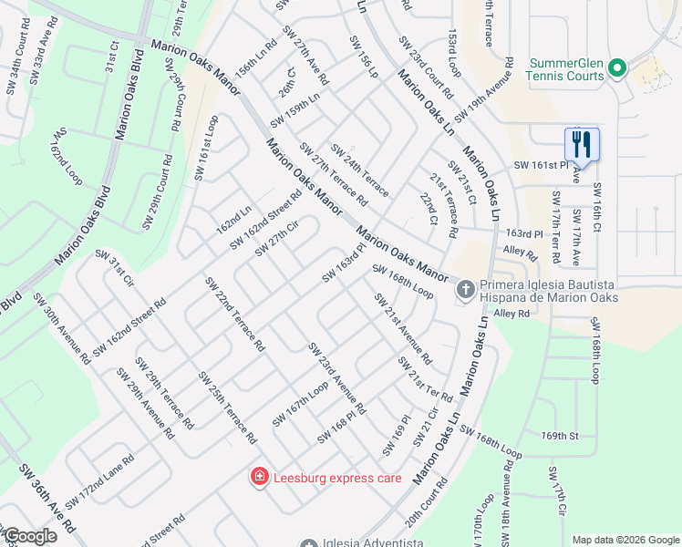 map of restaurants, bars, coffee shops, grocery stores, and more near 2420 Southwest 164th Street Road in Ocala