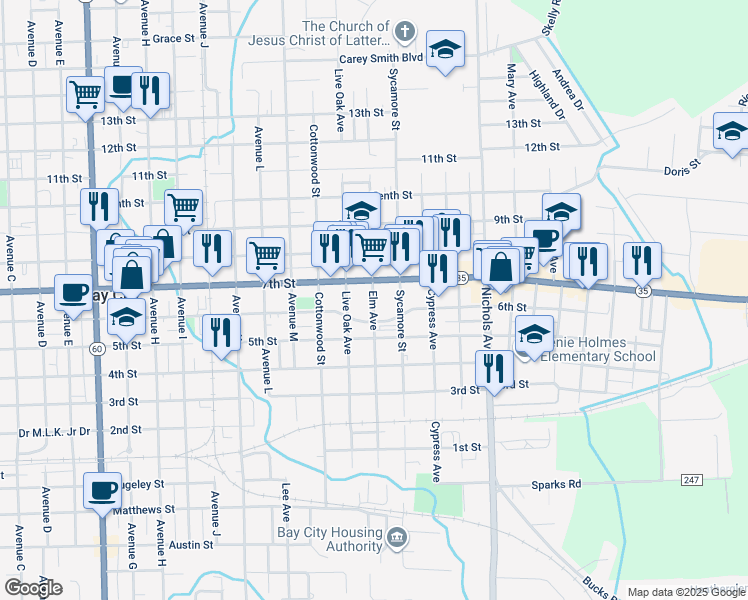 map of restaurants, bars, coffee shops, grocery stores, and more near 2700 7th Street in Bay City