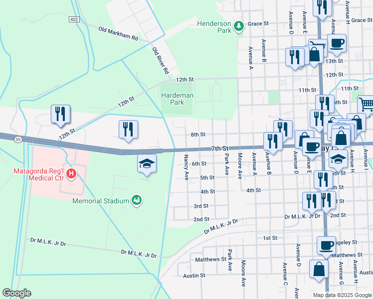 map of restaurants, bars, coffee shops, grocery stores, and more near 400 7th Street in Bay City