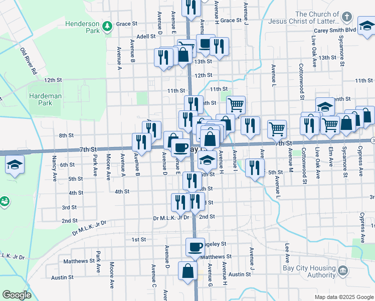 map of restaurants, bars, coffee shops, grocery stores, and more near 2100 Avenue F in Bay City