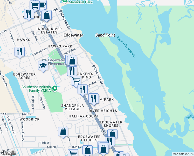 map of restaurants, bars, coffee shops, grocery stores, and more near 1105 South Riverside Drive in Edgewater