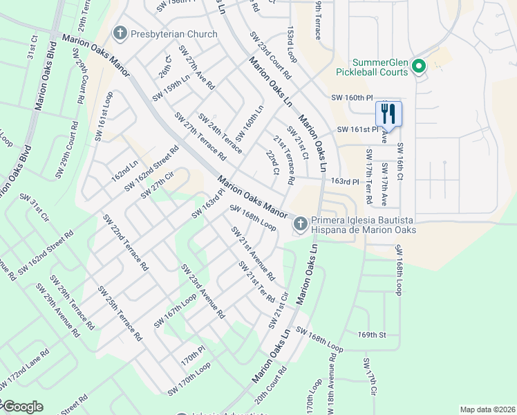 map of restaurants, bars, coffee shops, grocery stores, and more near 184 Marion Oaks Manor in Ocala