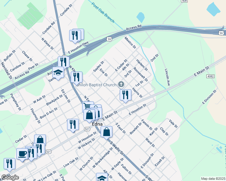 map of restaurants, bars, coffee shops, grocery stores, and more near 410 Carver Street in Edna