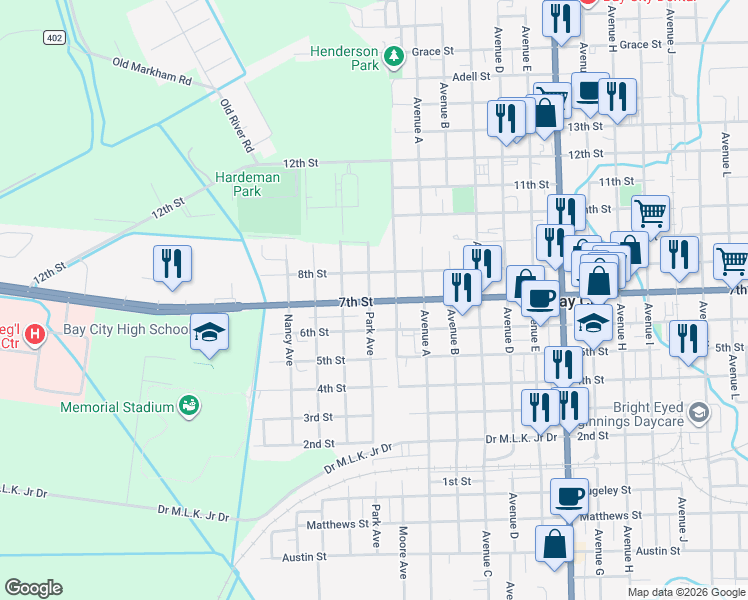 map of restaurants, bars, coffee shops, grocery stores, and more near 1015 7th Street in Bay City