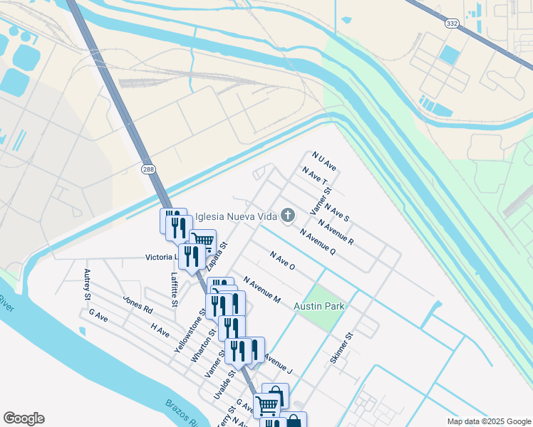 map of restaurants, bars, coffee shops, grocery stores, and more near 2201 Yellowstone Street in Freeport