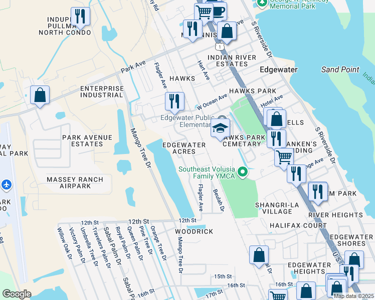 map of restaurants, bars, coffee shops, grocery stores, and more near 900 Flagler Avenue in Edgewater