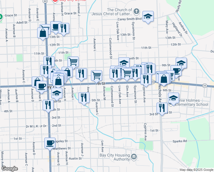 map of restaurants, bars, coffee shops, grocery stores, and more near 2105 Avenue M in Bay City