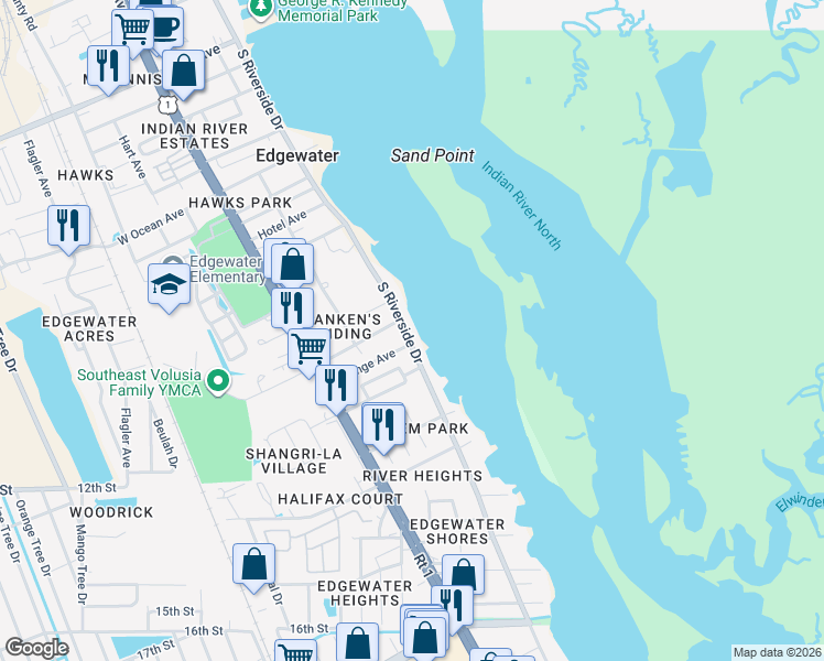 map of restaurants, bars, coffee shops, grocery stores, and more near 1105 South Riverside Drive in Edgewater