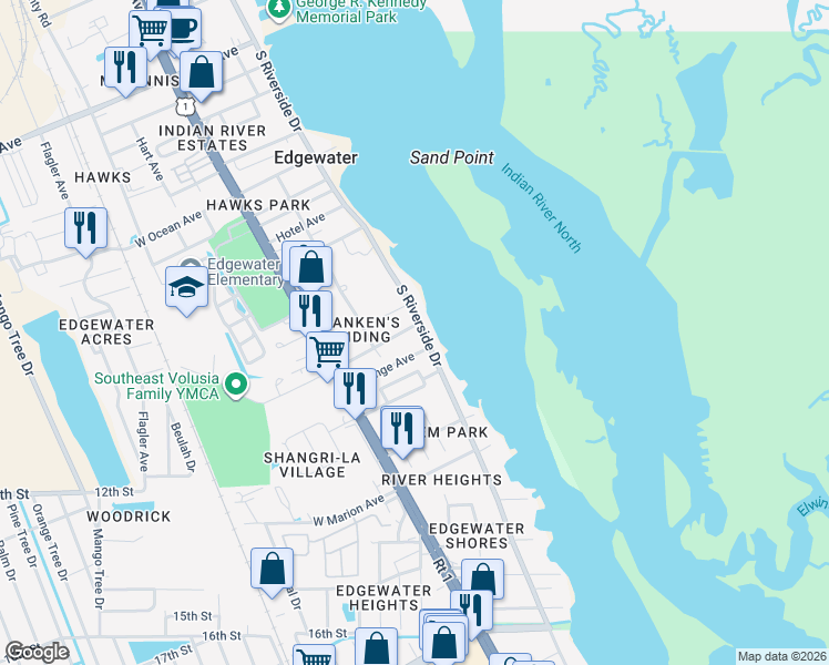 map of restaurants, bars, coffee shops, grocery stores, and more near 1105 South Riverside Drive in Edgewater