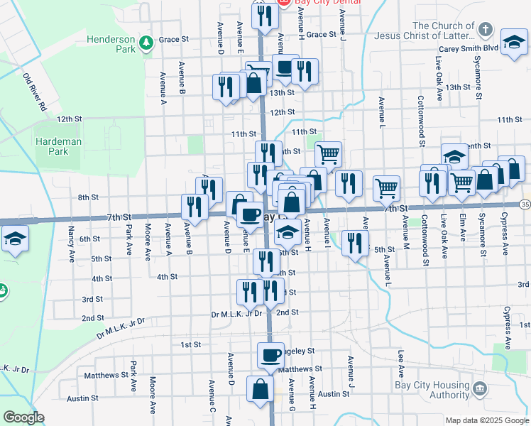 map of restaurants, bars, coffee shops, grocery stores, and more near 2100 Avenue F in Bay City