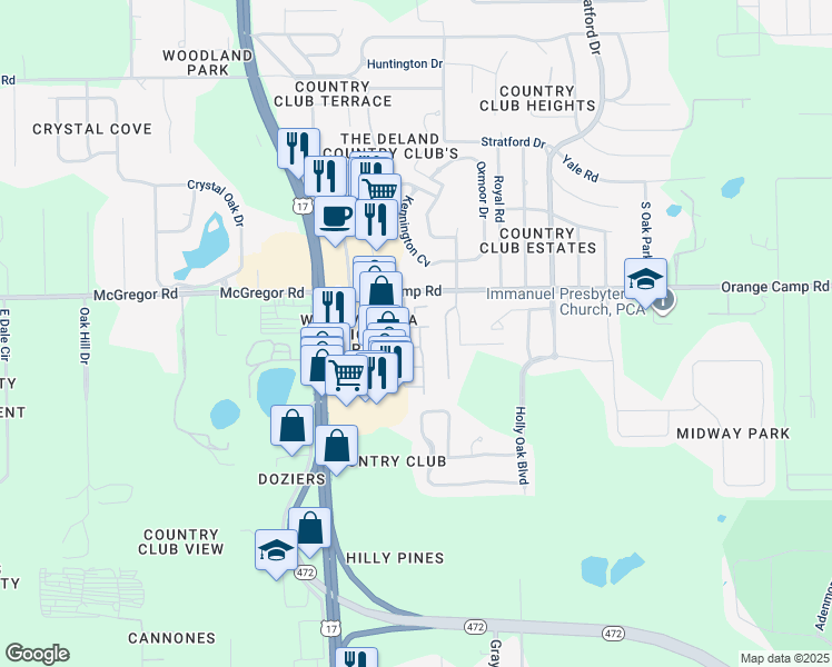 map of restaurants, bars, coffee shops, grocery stores, and more near 110 Dyson Drive in DeLand