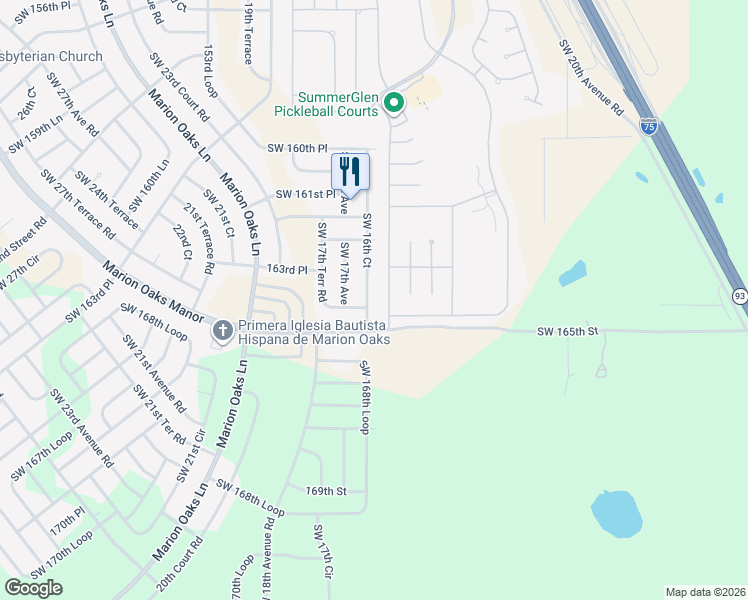 map of restaurants, bars, coffee shops, grocery stores, and more near 16340 Southwest 16th Court in Ocala