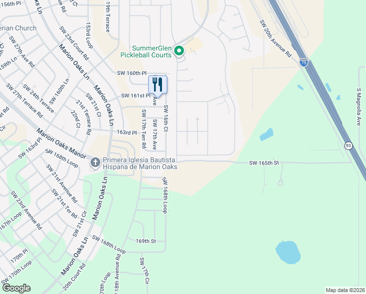 map of restaurants, bars, coffee shops, grocery stores, and more near 16404 Southwest 14th Court in Ocala