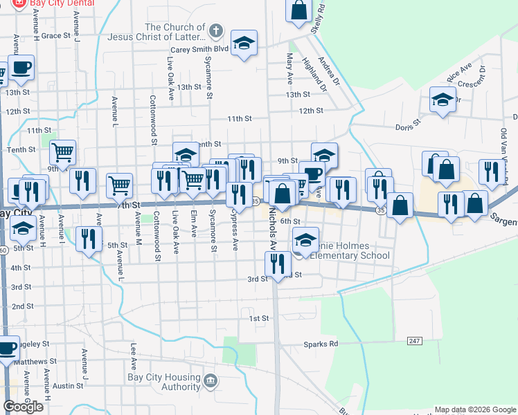 map of restaurants, bars, coffee shops, grocery stores, and more near 3001 7th Street in Bay City