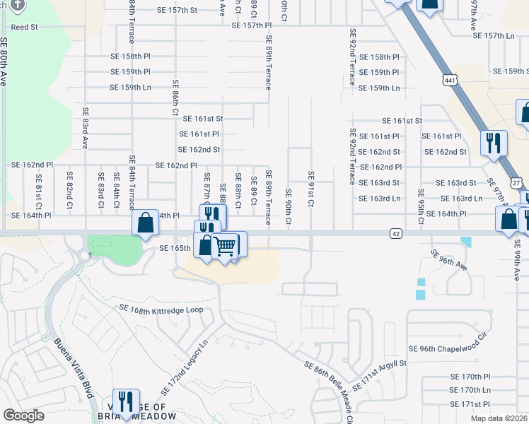 map of restaurants, bars, coffee shops, grocery stores, and more near 16444 Southeast 89th Terrace in Summerfield