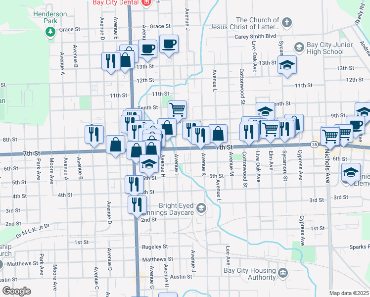 map of restaurants, bars, coffee shops, grocery stores, and more near 2072 7th Street in Bay City