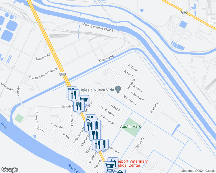 map of restaurants, bars, coffee shops, grocery stores, and more near 2201 Yellowstone Street in Freeport