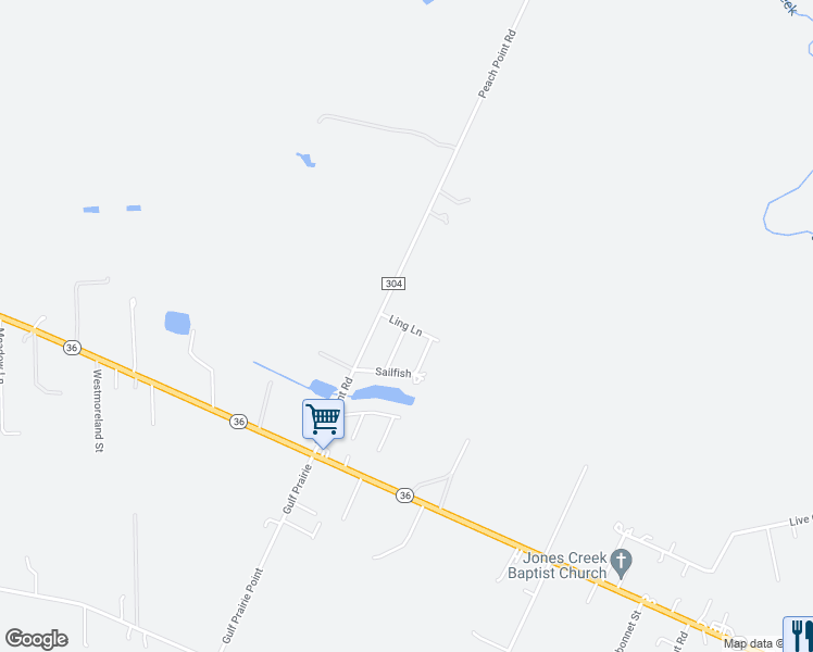 map of restaurants, bars, coffee shops, grocery stores, and more near 730 Dolphin Street in Jones Creek