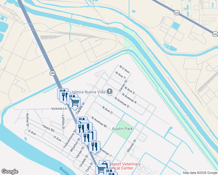 map of restaurants, bars, coffee shops, grocery stores, and more near 1805 North Avenue R in Freeport