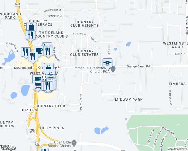 map of restaurants, bars, coffee shops, grocery stores, and more near 573 Paradise Oaks Lane in DeLand
