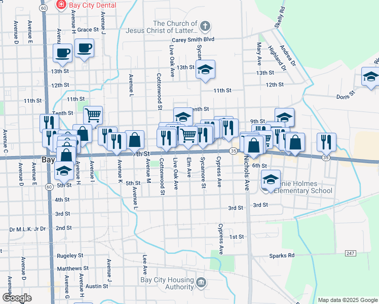 map of restaurants, bars, coffee shops, grocery stores, and more near 2700 7th Street in Bay City