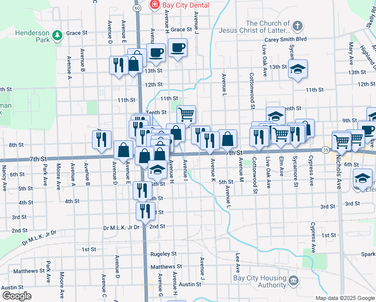 map of restaurants, bars, coffee shops, grocery stores, and more near 2072-2098 7th St in Bay City