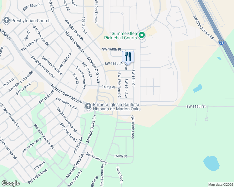 map of restaurants, bars, coffee shops, grocery stores, and more near 16257-16411 Southwest 17th Terr Road in Ocala