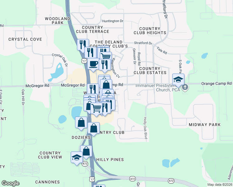 map of restaurants, bars, coffee shops, grocery stores, and more near 110 Dyson Drive in DeLand